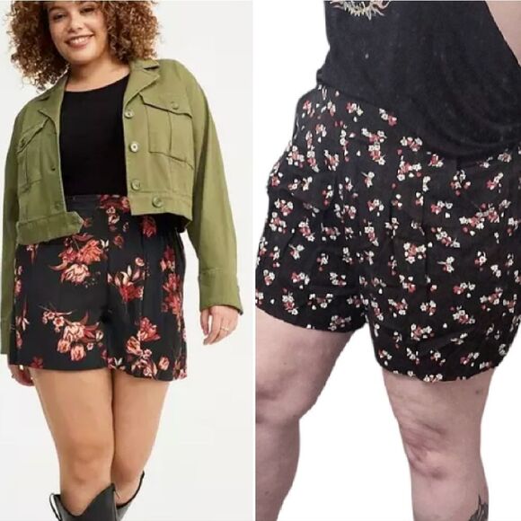 Torrid Black Red Hearts Floral Print Pull On High Rise Shorts Size 10 - Picture 1 of 16